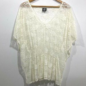 Bobeau Cream Sheer Lace Top S Flutter Sleeve Swim Coverup Festival Boho